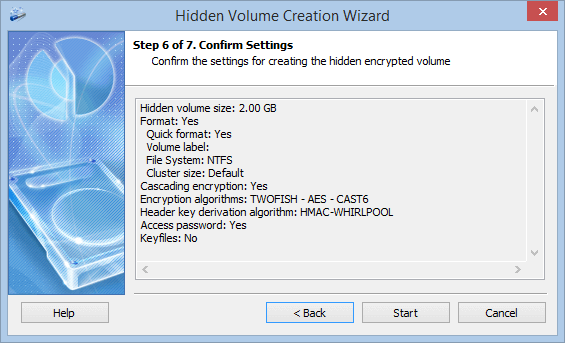 Wizard: confirming the hidden volume settings