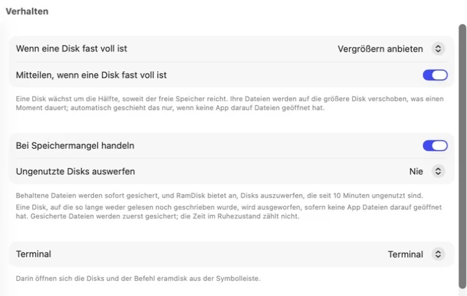 Einstellungen von Exlade RamDisk auf dem Mac, Bereich Verhalten: wenn eine Disk fast voll ist, bei Speichermangel handeln, ungenutzte Disks auswerfen
