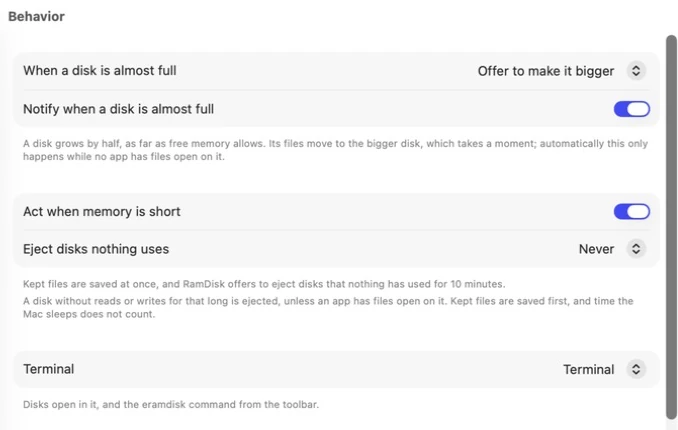 Exlade RamDisk settings for Mac, Behavior tab: what to do when a disk is almost full and when memory is short