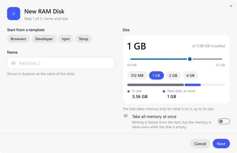 New RAM Disk in Exlade RamDisk for Windows, step 1: templates, name and size of the disk