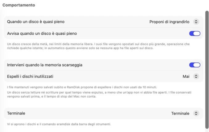 Impostazioni di Exlade RamDisk su Mac, scheda Comportamento: quando un disco è quasi pieno, intervieni quando la memoria scarseggia, espelli i dischi inutilizzati