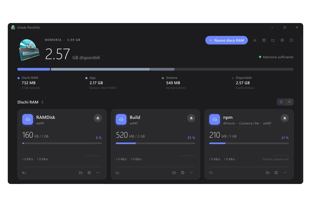 Exlade RamDisk con il tema scuro