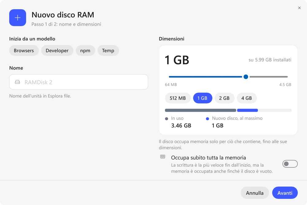 Creazione di un disco RAM in Exlade RamDisk per Windows: modelli Browsers, Developer, npm e Temp, nome e dimensioni