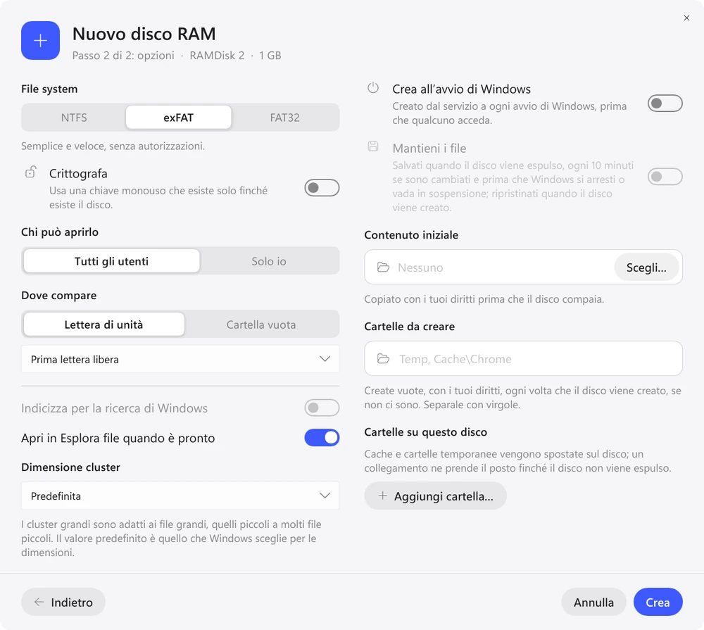 Opzioni del nuovo disco in Exlade RamDisk per Windows: crea all’avvio di Windows, mantieni i file, aggiungi la cartella di build