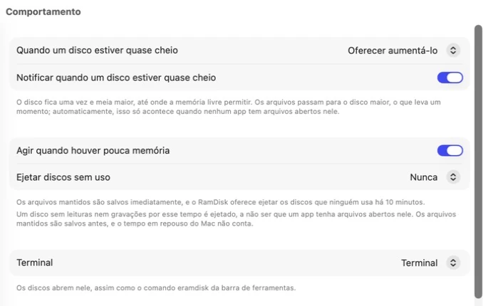 Ajustes do Exlade RamDisk no Mac, aba Comportamento: quando um disco estiver quase cheio, agir quando houver pouca memória, ejetar discos sem uso
