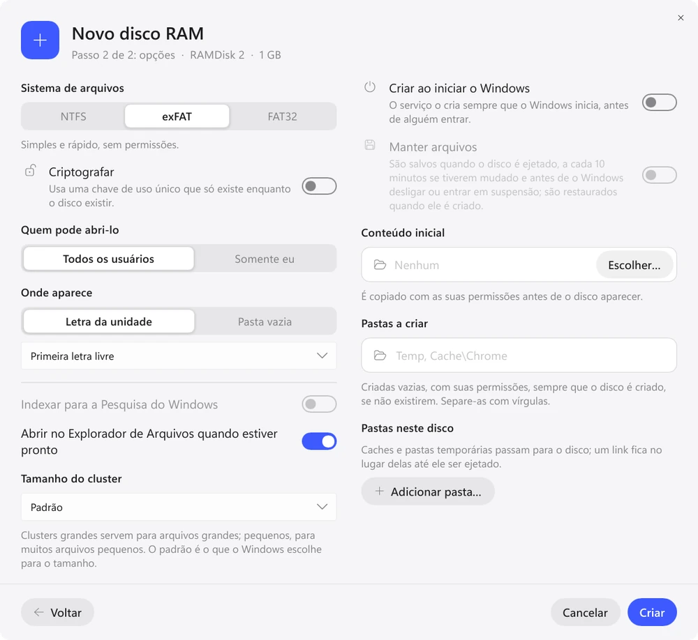 Opções do novo disco no Exlade RamDisk para Windows: criar ao iniciar o Windows, manter arquivos, adicionar a pasta de build
